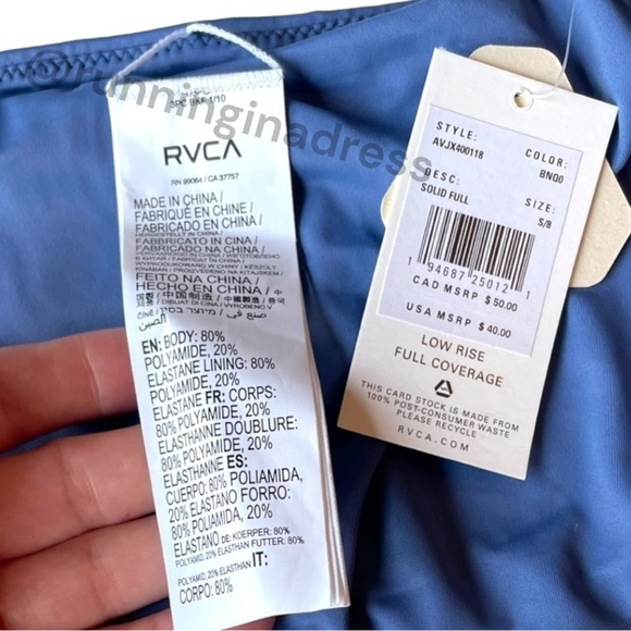 NWT RVCA Low Rise Full Coverage Bikini Bottom In Color Blue Size Small - Picture 4 of 6